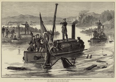 La guerra, ufficiali russi che abbattono la bandiera ottomana dalla Lutfi Djelil, cannoniera turca, affondata vicino a Braila da William Heysham Overend