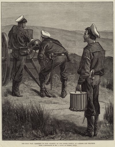 La guerra Zulu, guarnigione di Fort Pearson, sul Basso Tugela, alla pratica del cannone Gatling da William Heysham Overend