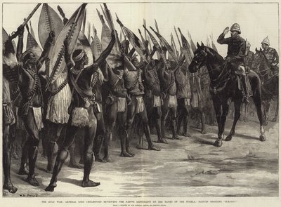 La guerra Zulu, il generale Lord Chelmsford che rivede il contingente nativo sulle rive del Tugela, i nativi gridano H-H-Ooo! da William Heysham Overend