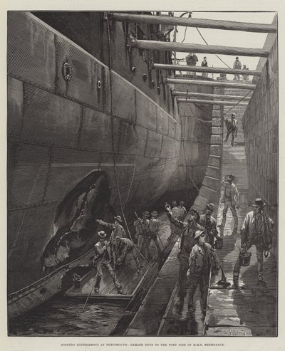 Esperimenti con siluri a Portsmouth, danni al lato sinistro della HMS Resistance da William Heysham Overend