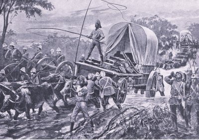 Guerra Zulu: La forza di soccorso di Estowe attraversa un torrente, aprile 1879, illustrazione da British Battles on Land and Sea, 1915 da William Heysham Overend
