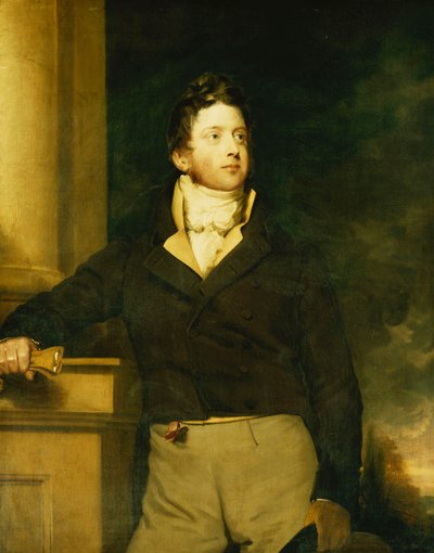 Ritratto di un gentiluomo, in piedi, tre quarti di lunghezza, con giacca marrone e jabot bianco, in un paesaggio da William Hilton