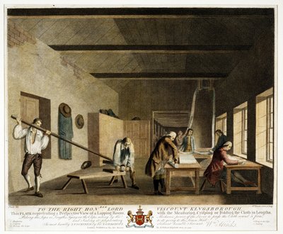 Al nobile Lord Visconte Kingsborough... questa lastra che rappresenta una vista prospettica di una stanza di lappatura, con la misurazione, increspatura o piegatura del tessuto in lunghezze, Piatto XI, La manifattura del lino da William Hincks