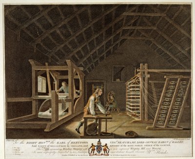 Avvolgimento, orditura con un nuovo mulino per orditura migliorato e tessitura, tavola VII di La manifattura del lino in Irlanda da William Hincks