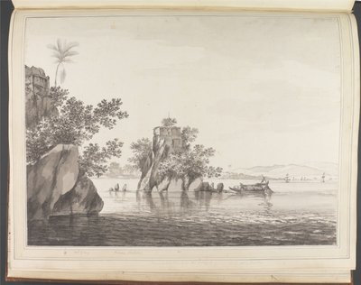 Veduta di una roccia isolata nel fiume Gange presso Jangerah [Jahangira] da William Hodges