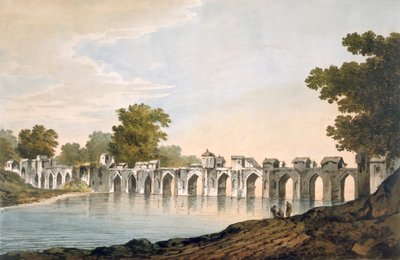 Veduta del ponte di Ilionpoor sul fiume Goomty, pub. 1785-88 da William Hodges