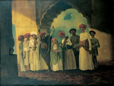Gruppo di musicisti indiani che suonano un sarangi, un tambura e tablas, con una ragazza che danza su una terrazza da William Hodges