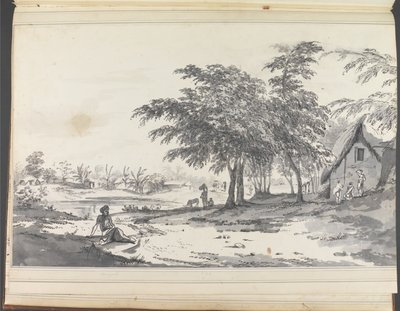 Veduta di un villaggio indiano con un uomo seduto in primo piano da William Hodges