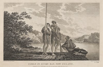 Veduta della Baia delle Isole (Dusky Bay) (Nuova Zelanda), con una famiglia Maori. Incisione da un disegno di William Hodges, circa 1785 da William Hodges