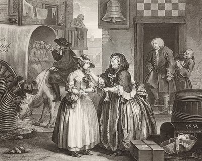 Il cammino di una prostituta, Tavola 1: Arrivo a Londra da William Hogarth