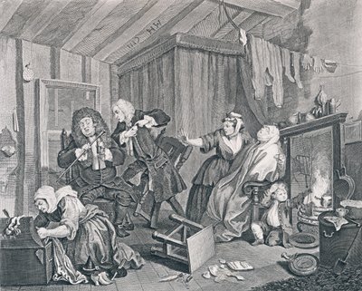 Il progresso di una prostituta, tavola cinque: Muore mentre i dottori discutono, 1732 da William Hogarth