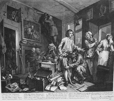 La carriera di un libertino, Tavola 1, Il giovane erede prende possesso degli effetti del misantropo da William Hogarth