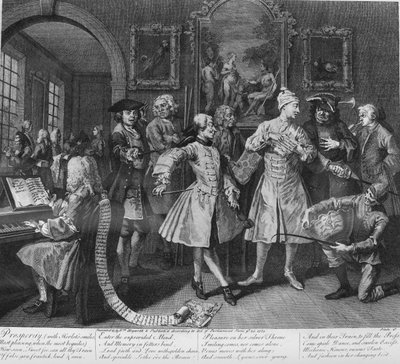 La carriera di un libertino, Tavola 2, Circondato da artisti e professori da William Hogarth
