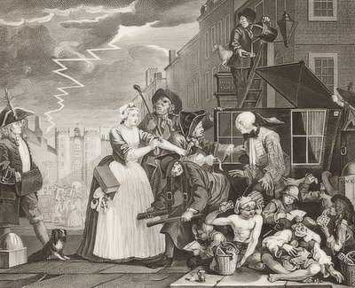 Il progresso di un libertino, Foglio 4: Il libertino arrestato, in tribunale da William Hogarth