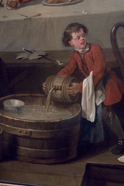 Uno sguattero distratto versa una botte di brandy su una mezza botte di rifiuti sporchi, (dettaglio) da William Hogarth