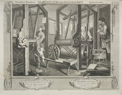 Industria e ozio: i compagni apprendisti ai loro telai, 1747 da William Hogarth