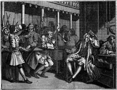 Tavola da una serie di 12 incisioni di William Hogarth (1697-1764), illustratore britannico, intitolata "Industry and Idleness", "Zelo e pigrizia", raccontando le carriere di due apprendisti: Thomas Idle, colpevole dei suoi vizi, fu giudicato da Goodchild da William Hogarth