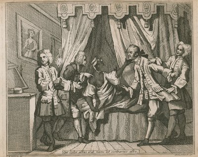Qui color albus nunc erat, est contrarius albo; Quattro uomini affrontano una donna nera nella sua camera da letto da William Hogarth