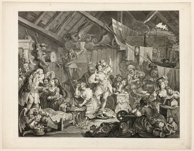 Attrici che passeggiano vestendosi in un fienile da William Hogarth