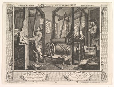 Gli apprendisti al loro telaio, Industria e pigrizia, piastra 1 da William Hogarth