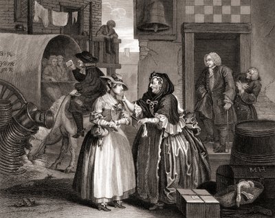 Il progresso della prostituta intrappolata da una mezzana, da The Works of Hogarth pubblicato a Londra 1833 da William Hogarth