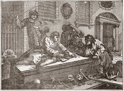Il pigro apprendista che gioca nel cimitero durante il servizio divino - Tavola da una serie di 12 incisioni di William Hogarth (1697-1764), illustratore britannico, intitolata "Industria e Pigrizia", raccontando le carriere di due apprendisti da William Hogarth