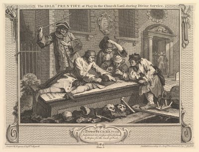 Il giovane pigro che gioca nel cimitero: Industria e pigrizia, tavola 3 da William Hogarth