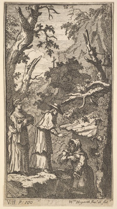 La nuova metamorfosi, Tavola 7: Il Cardinale, un eremita e Donna Angela che tiene Fantasio da William Hogarth