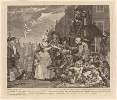 Arrestato per debiti, tavola 4 della serie "La carriera di un libertino" da William Hogarth