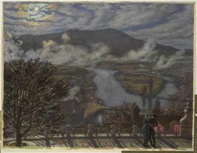 Vista dalla terrazza su un paesaggio fluviale di notte da William Holman Hunt
