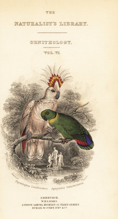 Frontespizio con vignetta del cacatua di Major Mitchell e del pappagallo dal collare nero da William Home Lizars