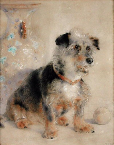 Terrier seduto davanti a un vaso Canton Famille Rose da William Huggins