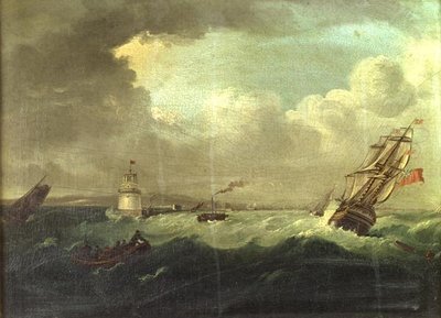 Navi al largo della Pigeon House, Porto di Dublino con lo yacht del Viceré 