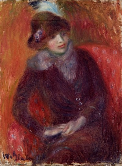 Donna seduta con collo di pelliccia e sfondo rosso da William James Glackens