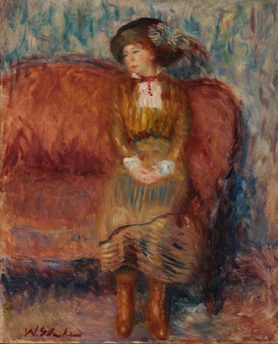 Donna seduta su un divano rosso da William James Glackens