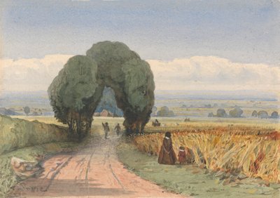 Gloucestershire - una donna e un bambino su una strada che costeggia campi di grano maturo a Moreton-in-Marsh da William John Chamberlayne