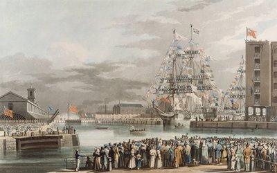 Il molo di St. Katherine: Apertura il 25 ottobre 1828, inciso da E. Duncan da William John Huggins