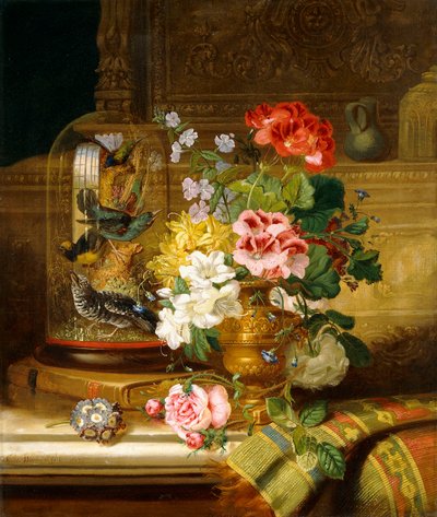 Un vaso di fiori assortiti e uccelli canori su un cornicione, 1867 da William John Wainwright