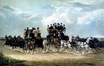 Le poste giornaliere di Brighton che passano sopra Hockward Common, inciso da Charles Hunt da William Joseph (after) Shayer