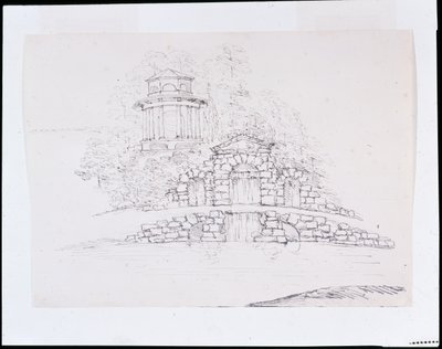Chiswick, progetto per una cascata rocciosa con un tempio dorico ottagonale sulla terrazza dietro da William Kent