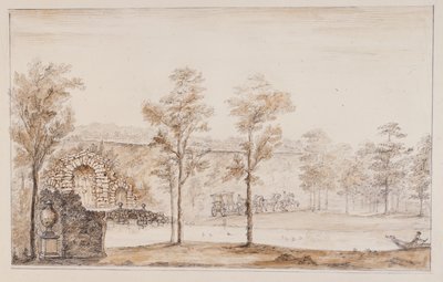 Chiswick, progetto per una cascata rustica e un ponte contro la terrazza da William Kent