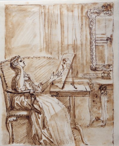 Lady Burlington seduta nella sua Garden Room ammira un disegno di un Vecchio Maestro (?) da William Kent