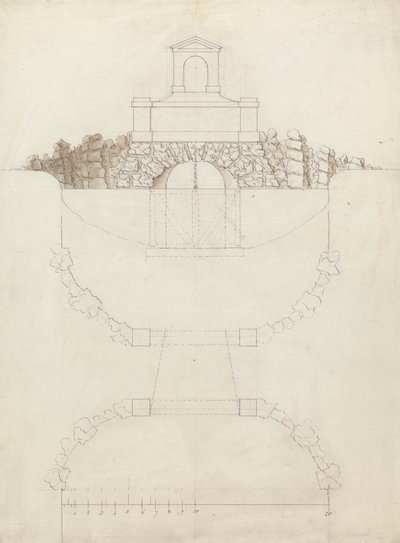 La cascata a Chiswick House, Middlesex: Elevazione e piano da William Kent