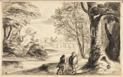 Due viaggiatori sotto un albero con villaggio e ponte in lontananza da William Kent
