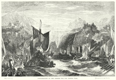 Imbarco dei Greci per la guerra di Troia (incisione) da William Linton
