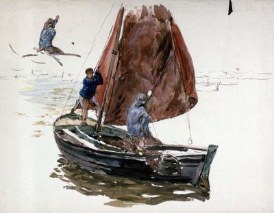 Un uomo e un ragazzo a bordo di una piccola barca a vela da William Lionel Wyllie