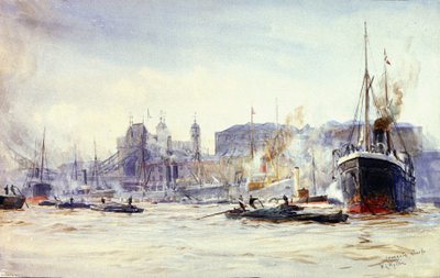 Scena di attività lungo Irongate Quay, sul Tamigi (Inghilterra), con il Tower Bridge in lontananza da William Lionel Wyllie