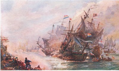 Il combattimento di tre giorni di Blake con Von Tromp, da La Storia del Popolo Britannico di Cassell pubblicato da Waverley Book Company Limited, c.1940 da William Lionel Wyllie