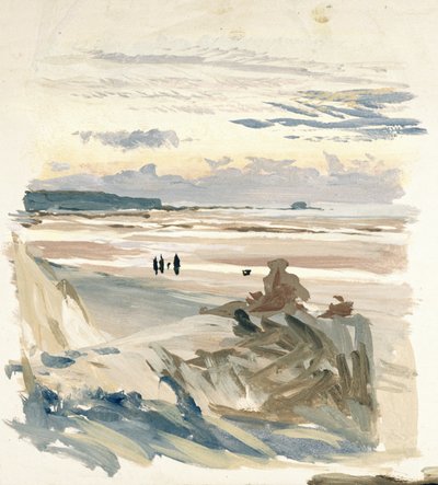 Personaggi sulla spiaggia, probabilmente ad Amble (Francia), con la silhouette del Fort Vauban alla luce del crepuscolo da William Lionel Wyllie
