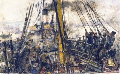 Raccoglitori di carbone a bordo di una barca, sollevando il carico di carbone dalla stiva usando un sistema di pulegge da William Lionel Wyllie